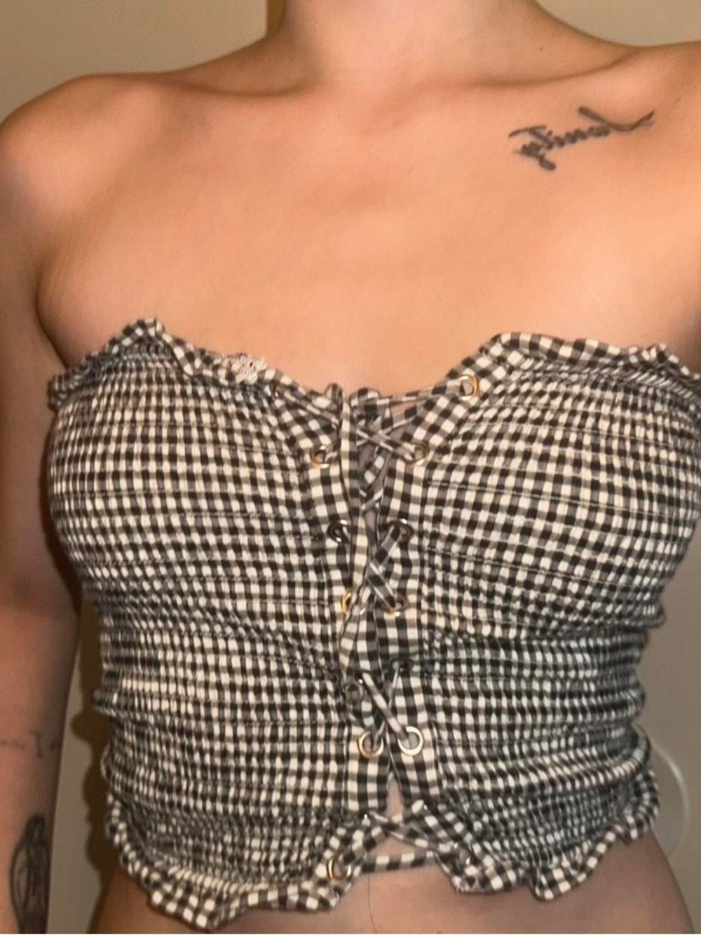 Express Black and White Gingham Lace-Up Tube Top
